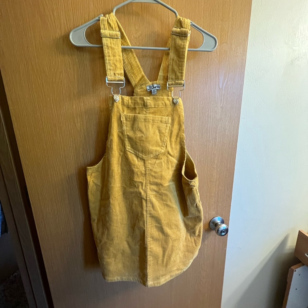 Yellow corduroy overall dress with pockets
